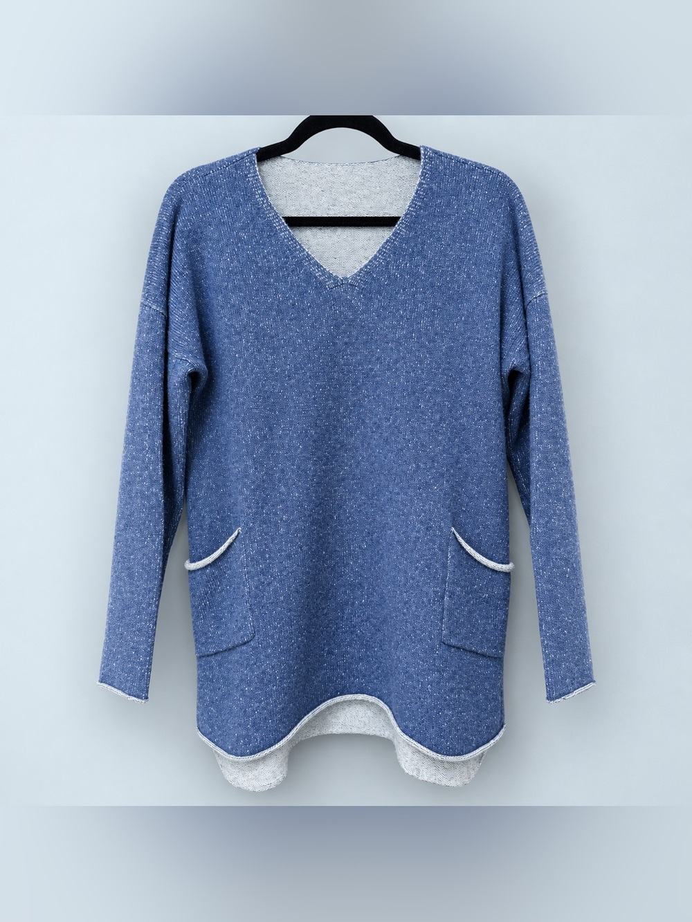Eileen Fisher 100% Cashmere Blue V-Neck Pocket Tunic Sweater L